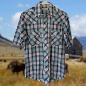 Roper Pearl Snap Western Teal Button Up Shirt Men's S Short Sleeve Plaid Cowboy